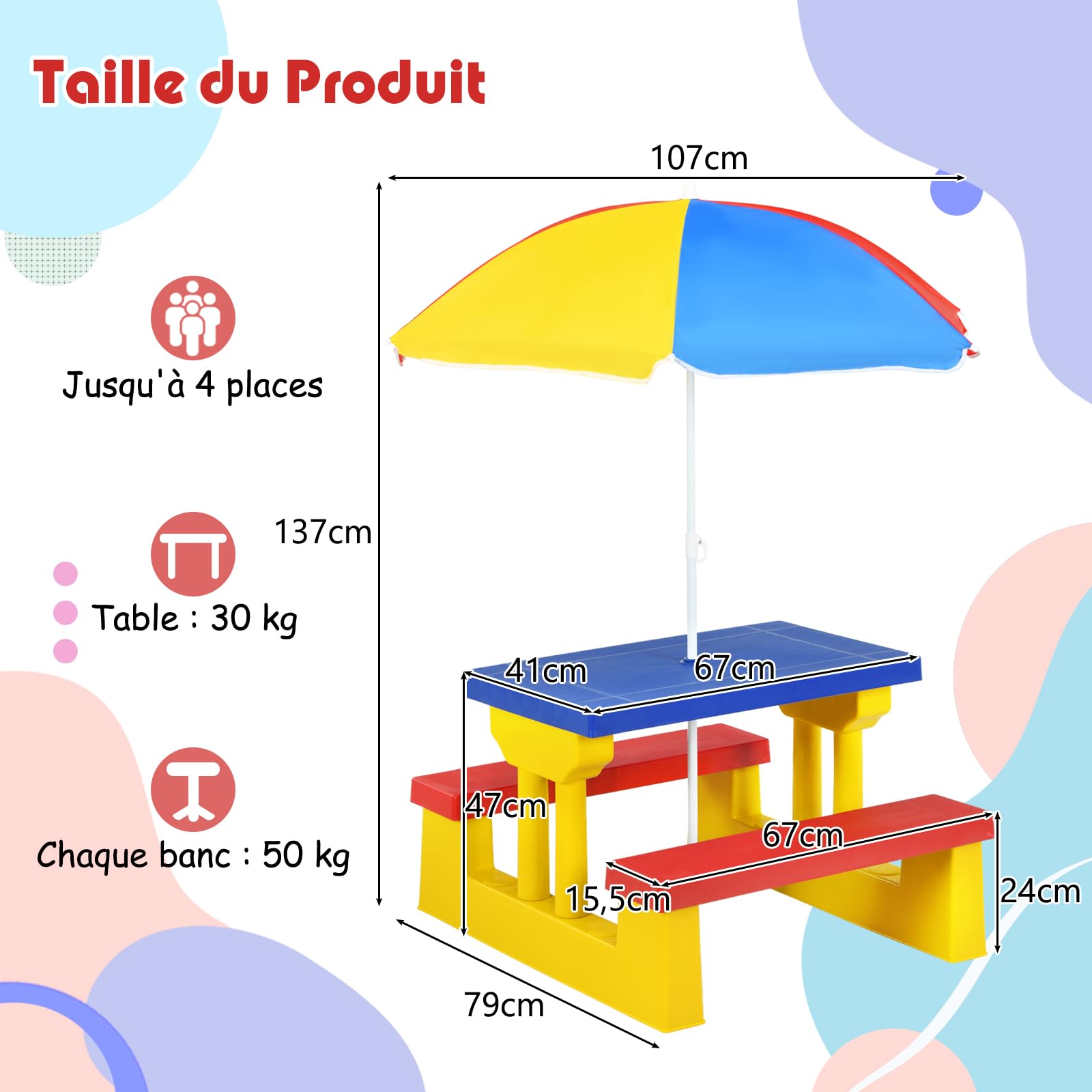 DREAMADE Table de Pique-Nique Enfant avec Parasol Amovible,Table Exterieur Enfants avec Banc,Matériau PP,pour Jardin,Terrasse,Patio,Balcon,67X41X47CM (Rouge + Jaune + Bleu)