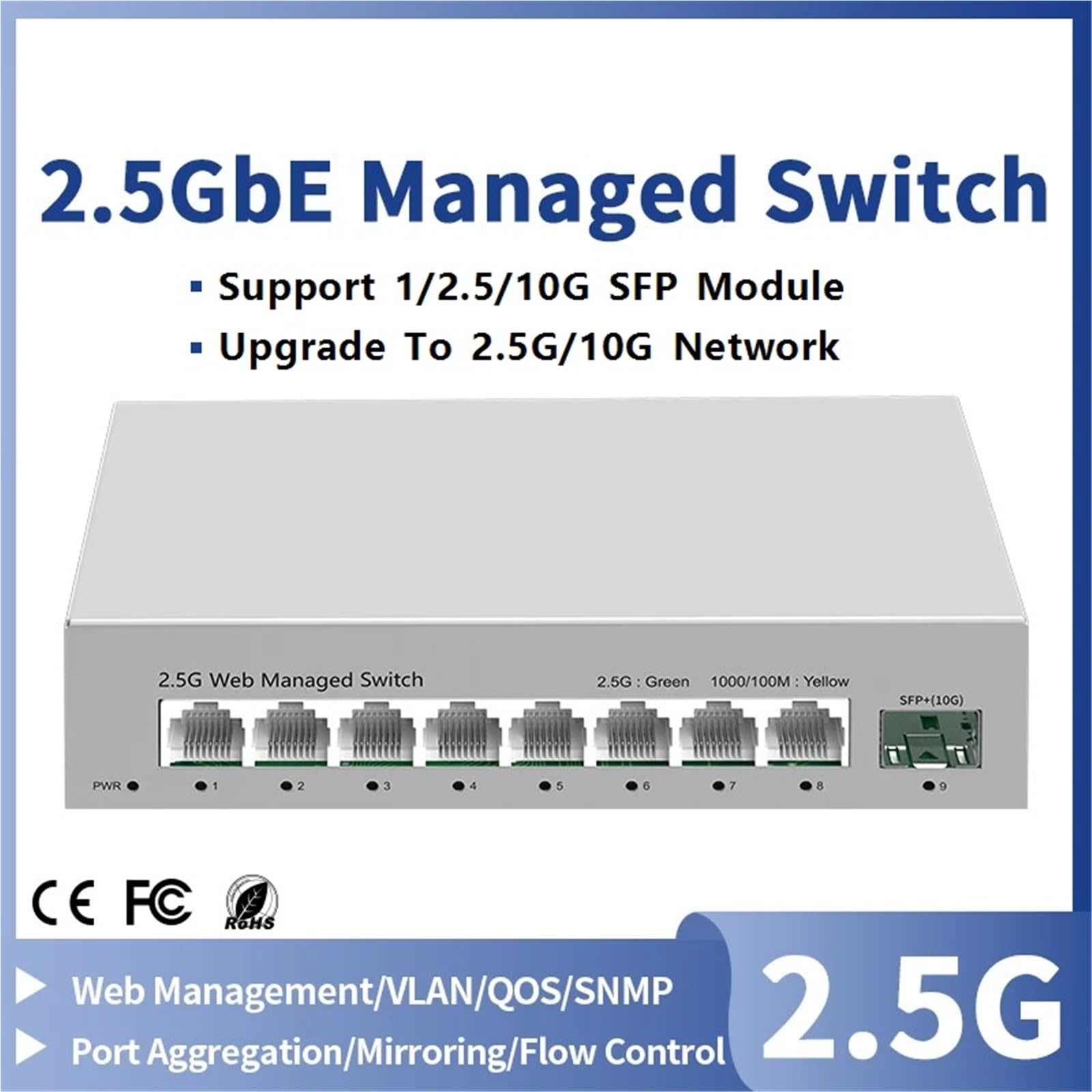 Przełącznik przemysłowy Zarządzany przełącznik 2,5 GbE, 8-portowy przełącznik sieciowy 2,5 GBASE-T, gniazdo 10G SFP+, łącze w górę, zarządzane przez sieć (adapter AU)