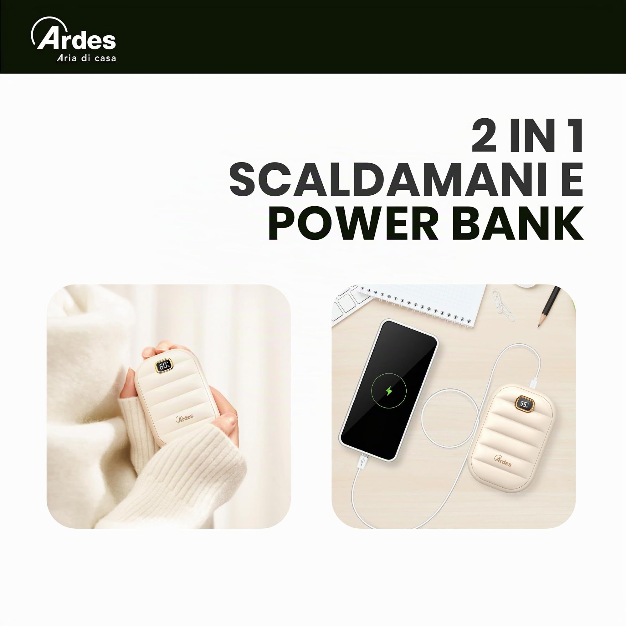 Ardes AR080 Scaldamani Elettrico Portatile, Scaldino Ricaricabile Powerbank 4000 mAh, USB Riutilizzabile Riscaldatore, 4 Livelli di Calore, Scalda Mani Tascabile