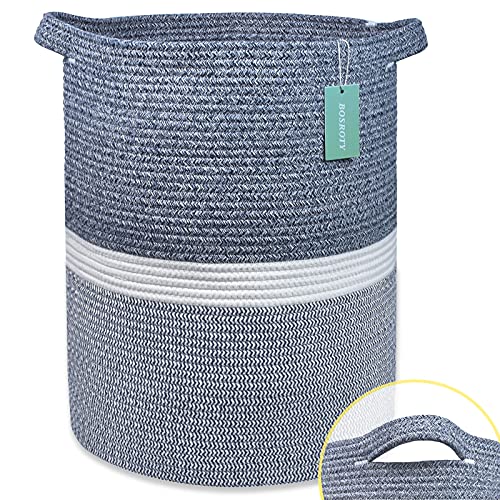 Image of Cotton Rope Blanket Basket, 72L Laundry Hamper, Navy Blue &White | 16 inchx 22 inch, Large Collapsible Woven Nursery Hamper with Sturdy Handles for Clothes Toys Towels, Bedroom Living Room Bathroom