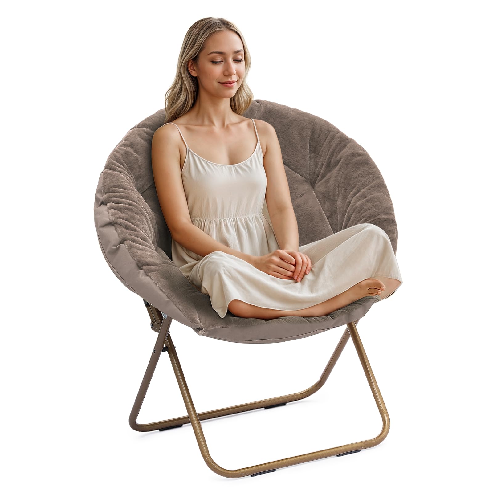 Athena Collection Comfy Saucer Chair Folding Cozy Chair for Bed Room Living Room Accent Chair Faux Fur Reading Chair Foldable Metal Frame Lazy Chair