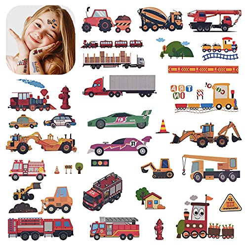 Cars and Trucks Temporary Tattoos for Kids 220 Pieces ZIIVARD Cars Construction Fake Tattoos Stickers for Boys Construction Tractor Themed Birthday Party Supplies Toddler Tattoos Stickers, 24 Sheets