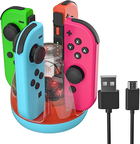 Switch Joycon Charger, Cargador De Controlador De Interruptor De Carga Rápida Con Luz LED Y Cable USB Tipo C - AzulRojo