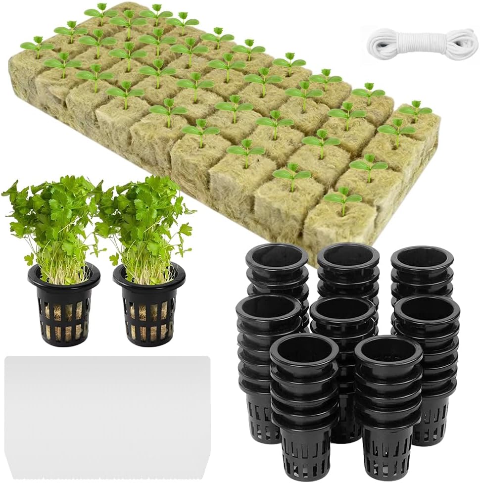 mizikuu Pack of 50 Rockwool Cultivation Rockwool Cubes 2.5 x 2.5 x 4 cm Natural Rockwool Cubes with Net Pots Hydroponics Plants Net Kit Easy Plug Cultivation Cube for Bottomless Cuttings Cloning