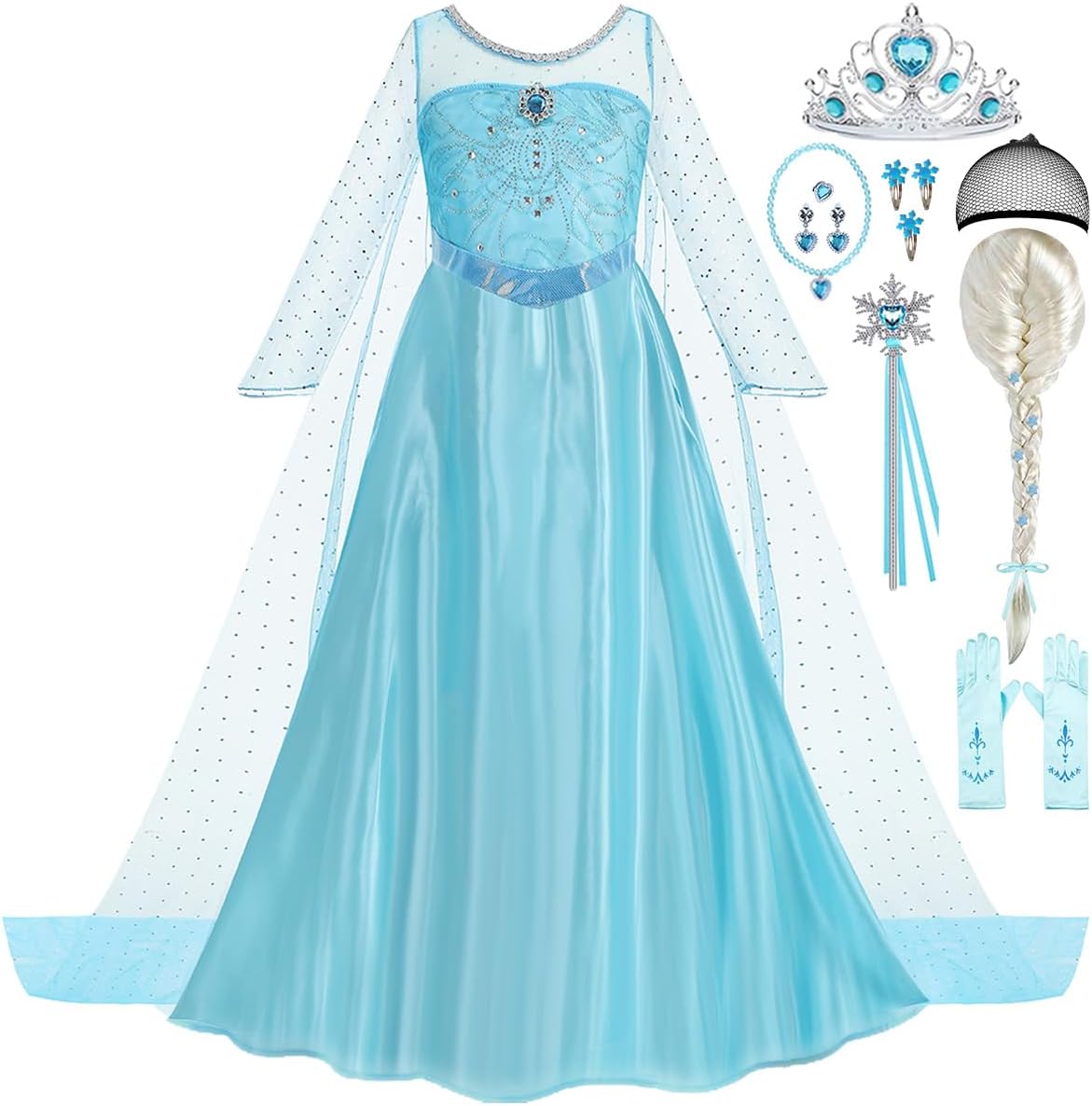 Elsa Dress for Girls Toddler Snow Princess Costume Blue with Wig Halloween Birthday Party Dress Up Outfits