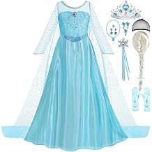 Snow Princess Dress for Girls with Wig Blue Queen Costume Halloween Birthday Party Dress Up Outfits