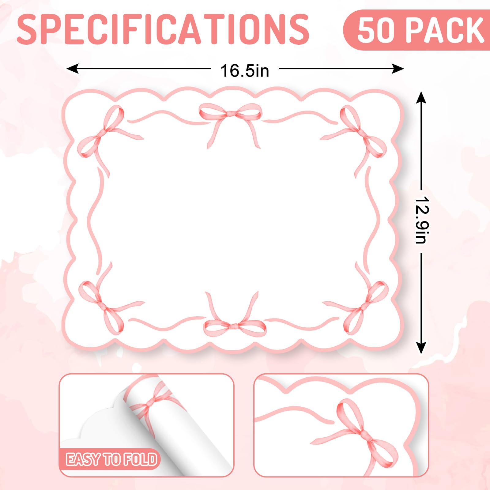 JarThenaAMCS 50 hojas de mantel individual de papel con lazo rosa festoneado con lazo, bonito mantel individual desechable para mesa de cena de despedida de soltera, 16.5 x 12.9 pulgadas