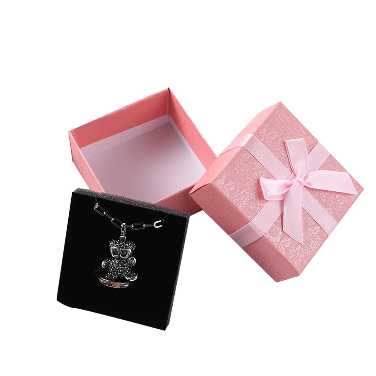 Restokki Bow Tie Gift Boxes Multipurpose English Letters Bow Tie Small Jewelry Boxes with Lid for Necklaces Earrings Rings (Pink/Solid Color 7.5 * 7.5 * 3.5 (including sponge))