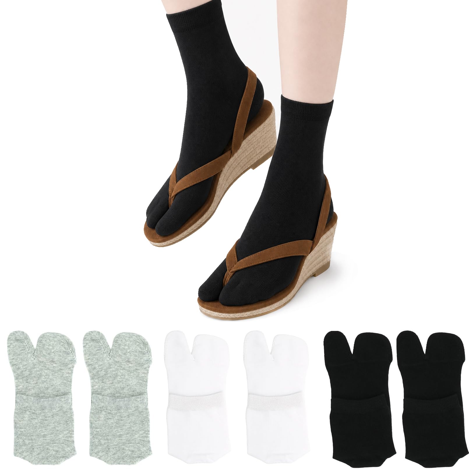 Tabi Socks Athletic Cotton Crew Length Quarter Ankle Two Toe for Women and Men, 6 Pk Black White Gray