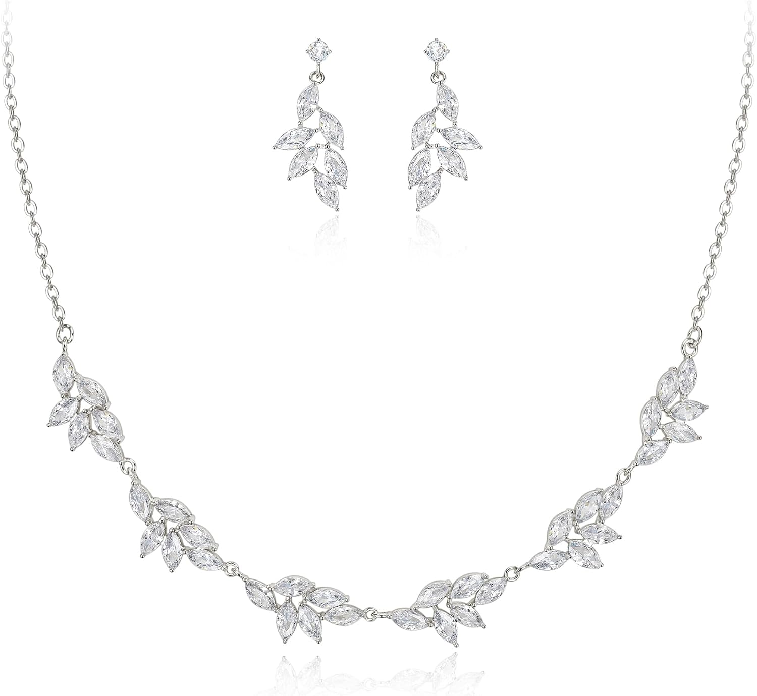EleQueen Women's Wedding Cubic Zirconia Elegant Leaf Design Necklace Dangle Earrings， Bridal Jewelry Sets for Party Prom