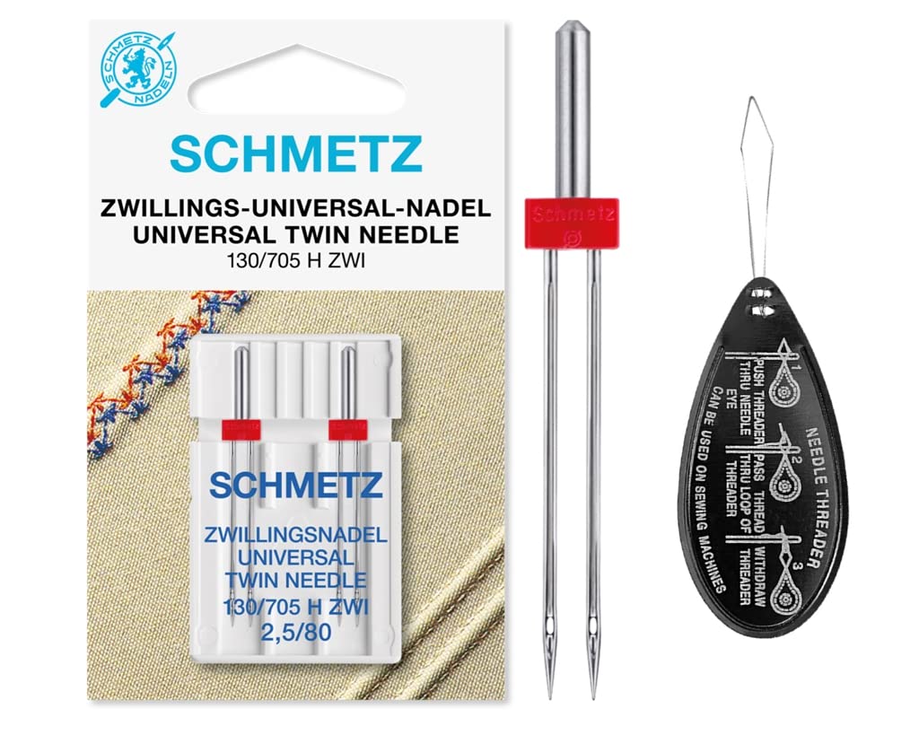 (Universal) Twin Sewing Machine Needle, Size 2.5/80, Pack of 2 Needles, Includes Large Needle Threader