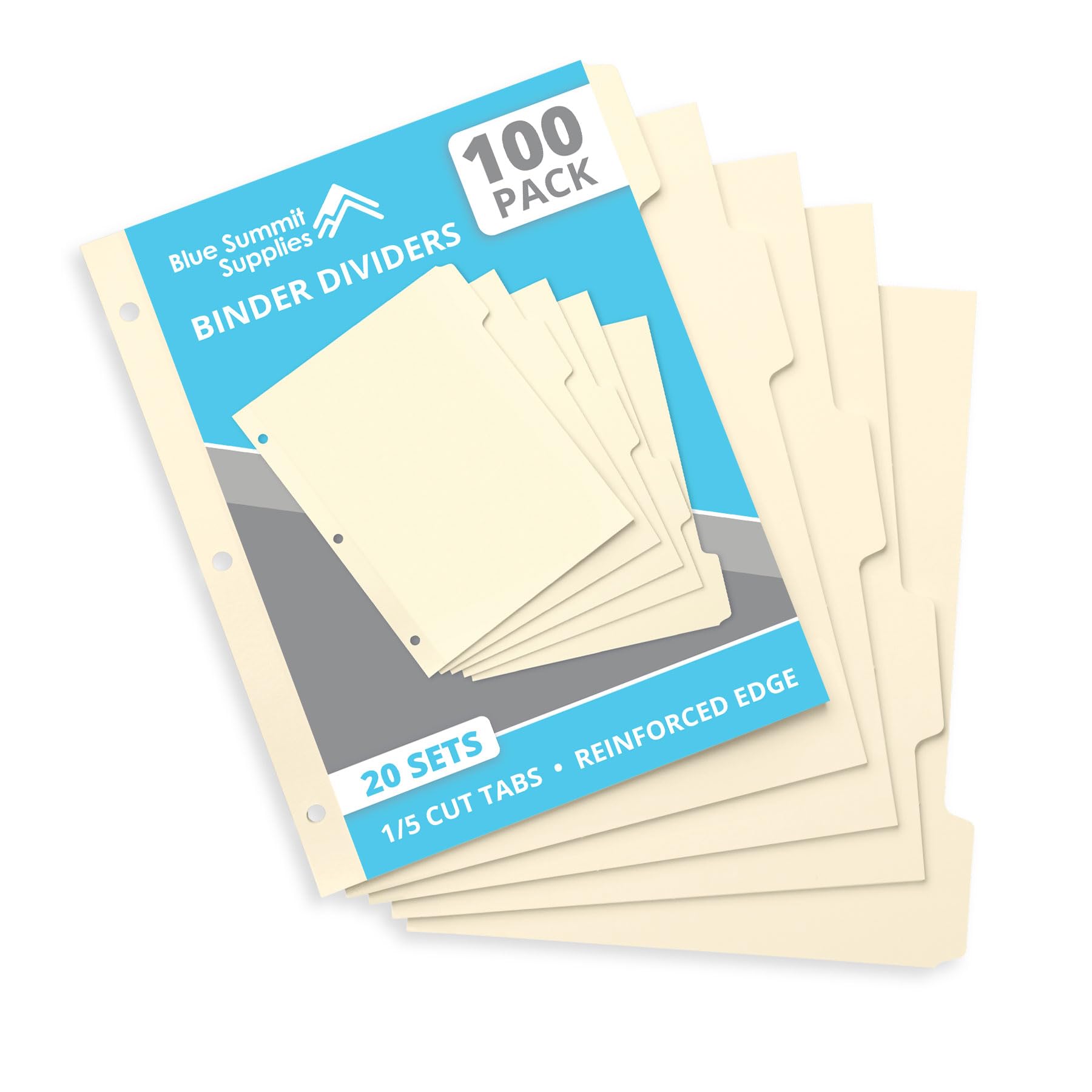Blue Summit Supplies 3 Ring Binder Dividers with Reinforced Edge, 1/5 Cut Tabs, Letter Size, 3 Hole Punch Section Index Dividers for Binders, Manila,