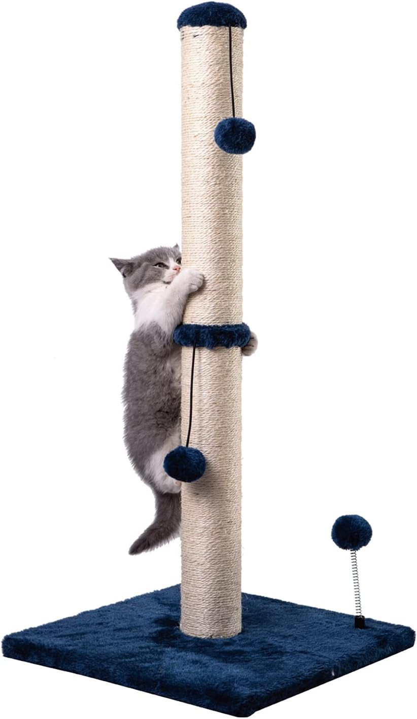 34“ Tall Cat Scratching Post Premium Basics Kitten Scratcher Sisal Scratch Posts Trees with Hanging Ball for Indoor Cats, Navy