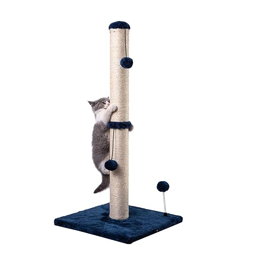 MECOOL 34“ Tall Cat Scratching Post Premium Basics Kitten Scratcher Sisal Scratch Posts Trees with Hanging Ball for Indoor Cats, Navy - 34 inches for Adult Cats - Navy