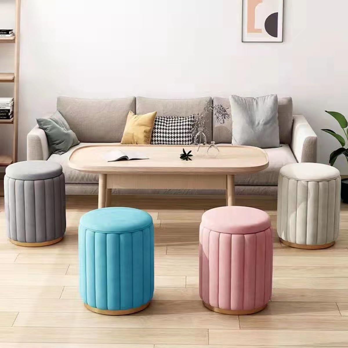 Ottomane mit Stauraum, rund, Leinen, gepolstert, Sitzhocker, für Schlafzimmer, Wohnzimmer, Ankleide, Flur, Fußhocker, Pouffes Stuhl