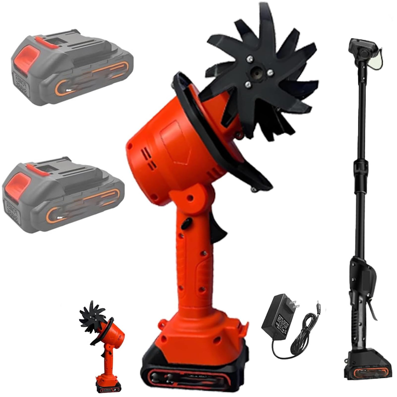 Pnpaea 21v Cordless Tiller For Gardening,Electric Garden Tiller,Powered Mini Cultivator With 1.5ah Batteries,for Lawn/soil Cultivation 2 Battery,for Vegetable Garden, Greenhouse Orange-red-withPole