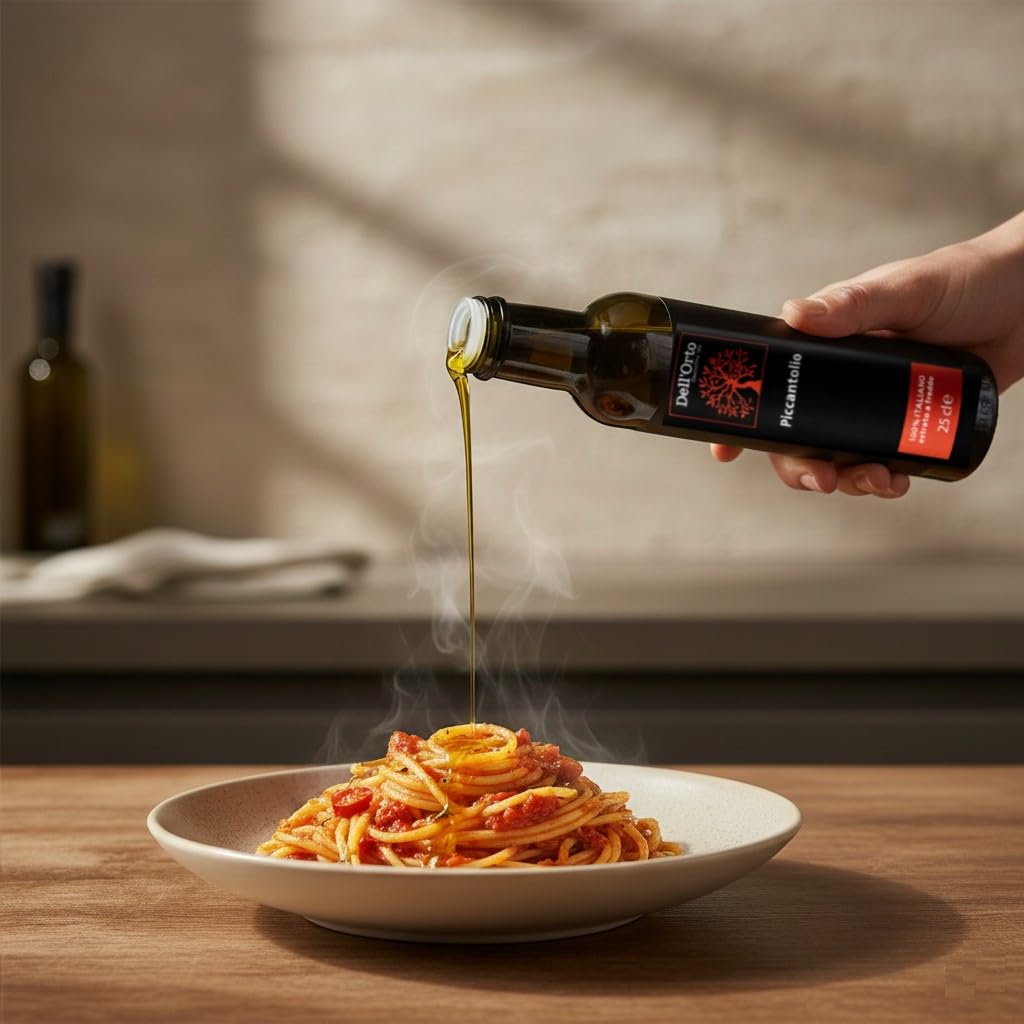 Dell'Orto Piccantolio Chili Olive Oil Extra Virgin (250ml) | Hot Peppers, Cold Pressed Spicy Olive Oil | Bold for Meats & Pasta | Award-Winning, Harvest Date | 8.45 fl oz