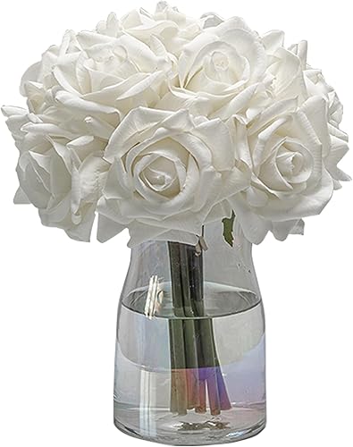 Miniatura 7 de Rosas artificiales de un solo tallo 10 piezas de arreglo floral de seda falsa, toque real para decoración del hogar, fiesta, boda (blanco) Blanco