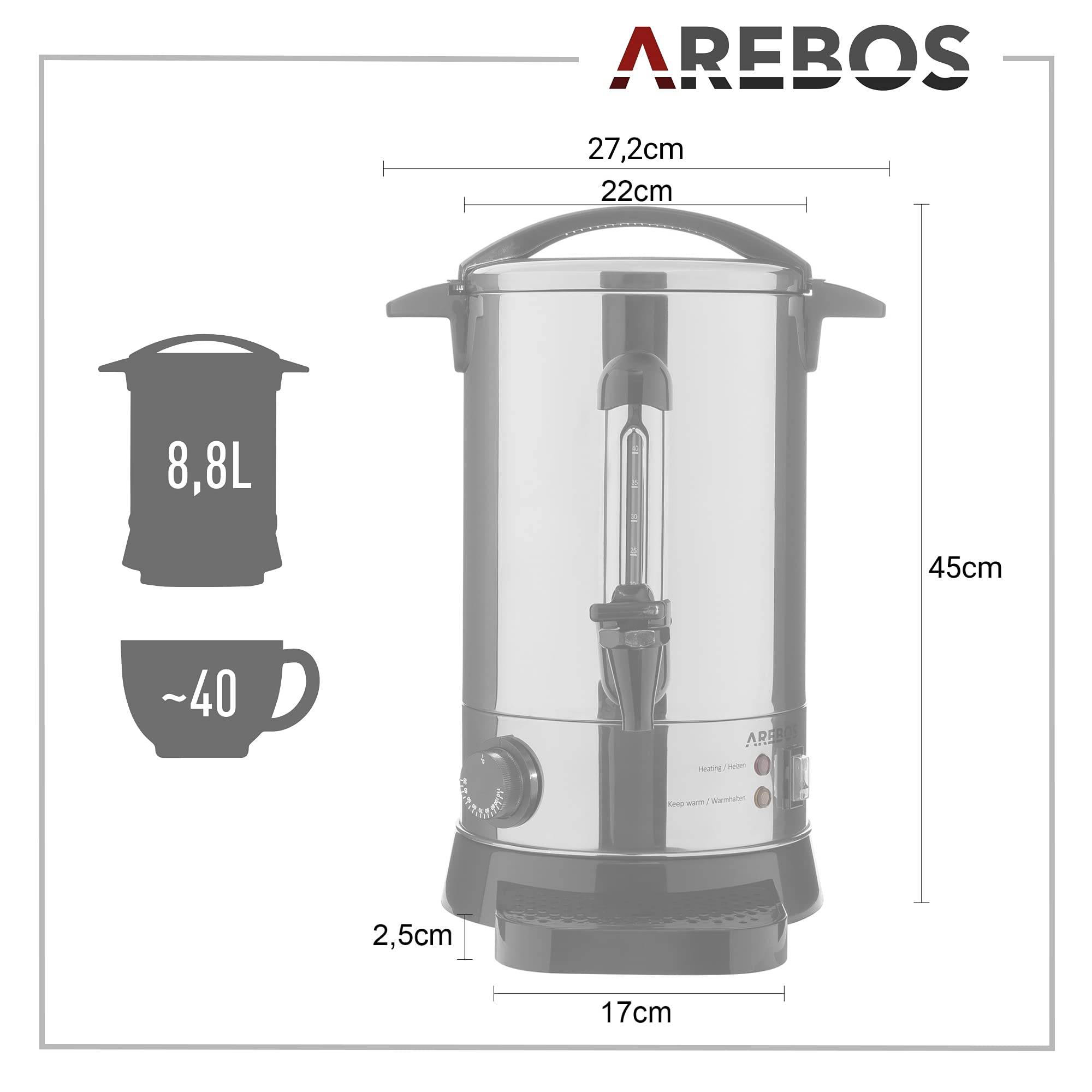Arebos Pentola Bollitore 8,8 L 950 W | Dispenser Acqua Calda Vin Brulè Caffè Tè | Distributore Elettrico Bevande Calde con Rubinetto | Temperatura Impostabile 30-110 °C