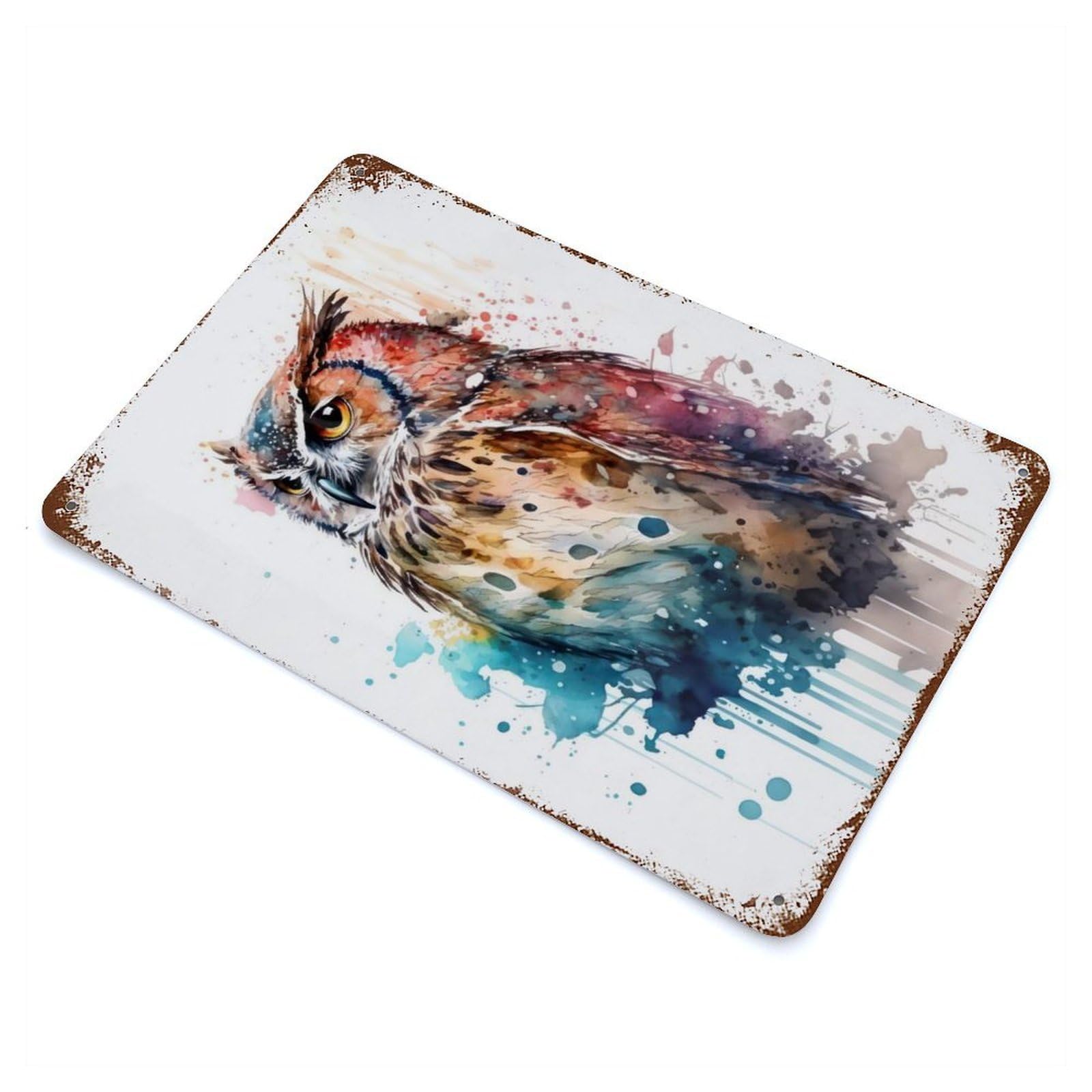 Vintage Metal Tin Sign Owl Watercolor 11.8"x7.9", Industrial Home Decor for Farmhouse, Kitchen And Entryway Decor