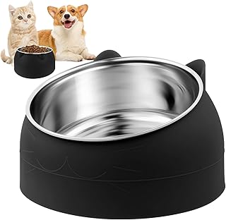 WUGU Katzennapf Edelstahl, 15° Geneigter Erhöhter Katzen Futternapf, 400ML Fressnapf Für Katze Hunde, Abnehmbarer Katzennäpfe zum Schutz der Halswirbelsäule, Wasser Nassfutter Trockenfutter(Schwarz) product image