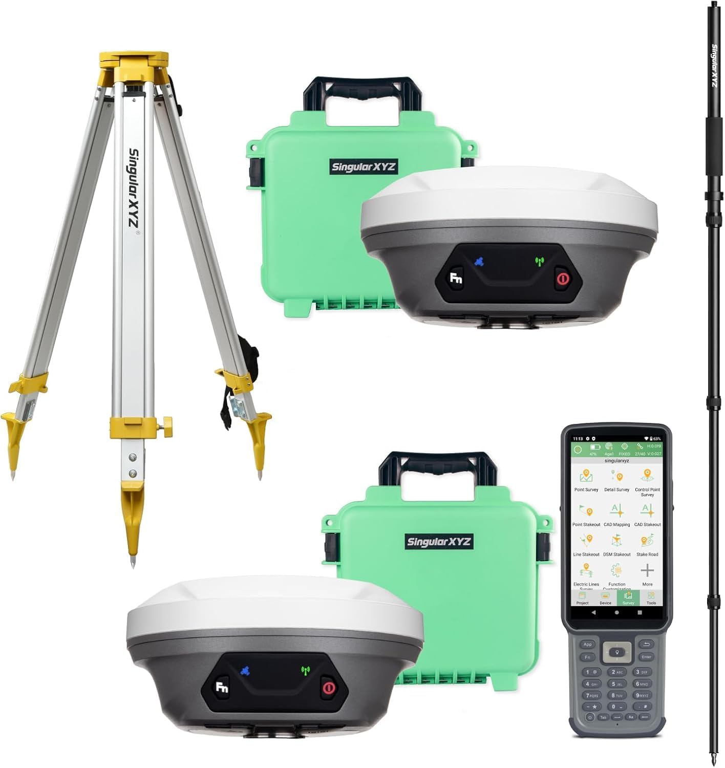 E1 Lite GNSS RTK Surveying Equipment, RTK GNSS GPS with IMU Rover & Base, Handheld Collector with Software, 1cm Accuracy, 5km UHF Range, 60° Tilt Survey, 1408 Channels(Include Poles,Tripods)