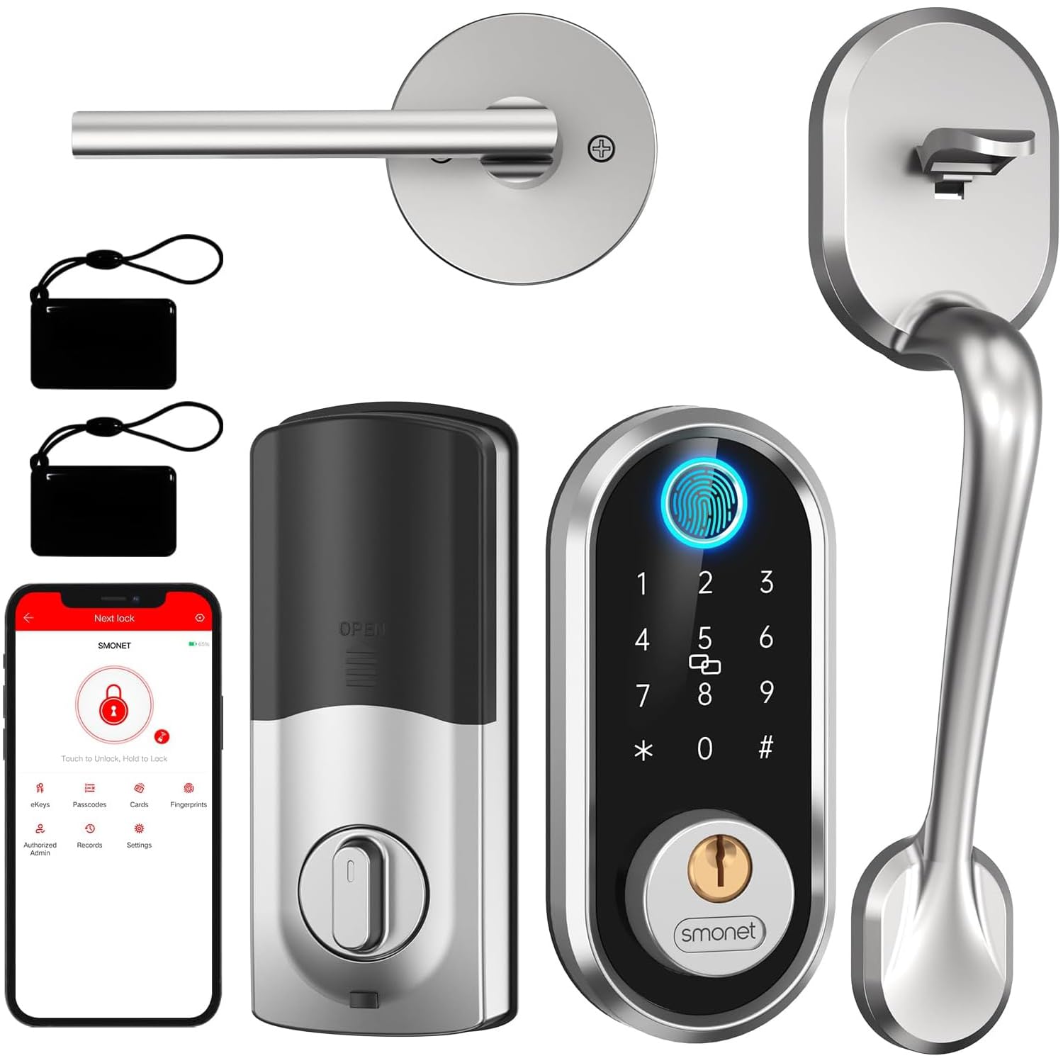 SMONET Smart Front Door Lock Set - Fingerprint & Keypad Lock with Alexa Compatibility, Silver