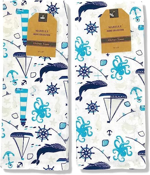 knIndustrie - BOWKNOT サマーキッチンポットホルダー オーブンミット ディッシュタオルセット 楽しいネイビーホワイト アクア ノーティカルコースタル 5枚セ