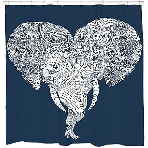 YONG-SHENG Elephant Shower Curtain Set with Navy and White Fabric Waterproof Mildew Resistant Polyester Fabric Bathroom Setswith 12 Hooks(180 x 180 cm|100% Polyester) Cover