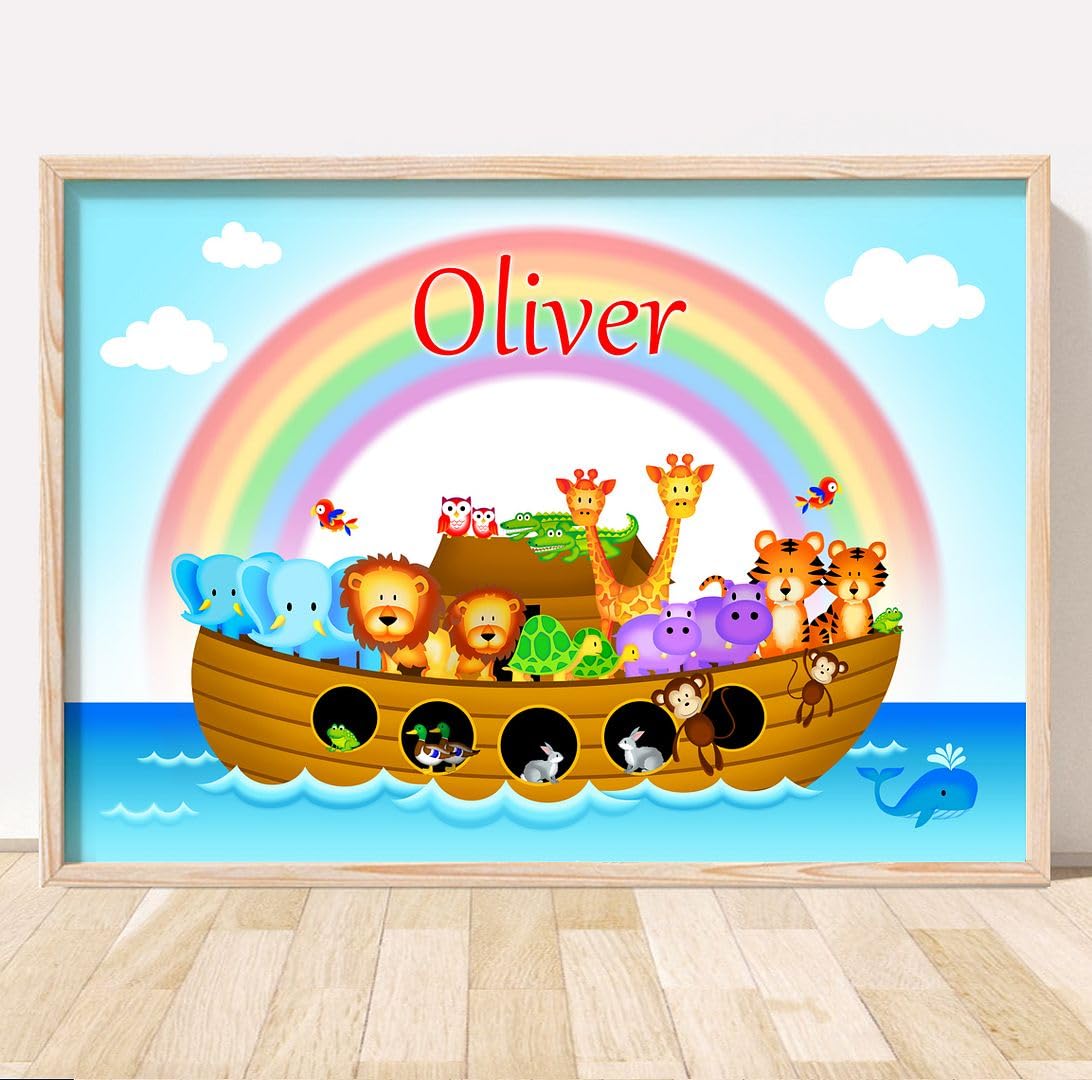 Rubybloom Designs Blue Background Personalised Noahs Ark Nursery Print - A4 (29.7Cm X 21Cm) Unframed - Childs Name Jungle Animals Boat Picture Wall Art Gift