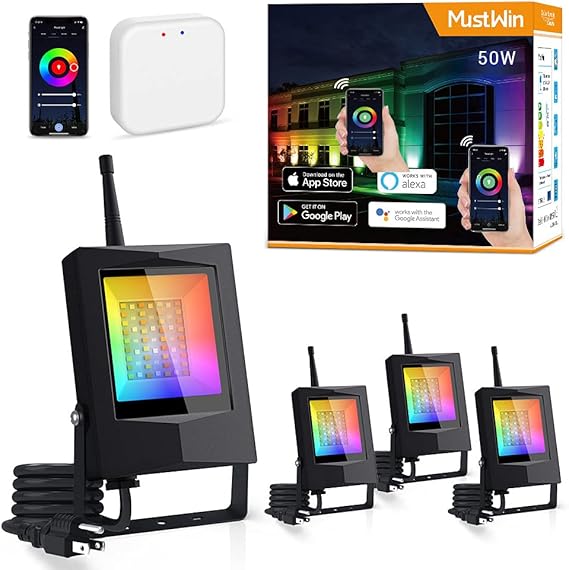 MustWin LED Flood Light Outdoor,50W RGB Color Changing Floodlight with