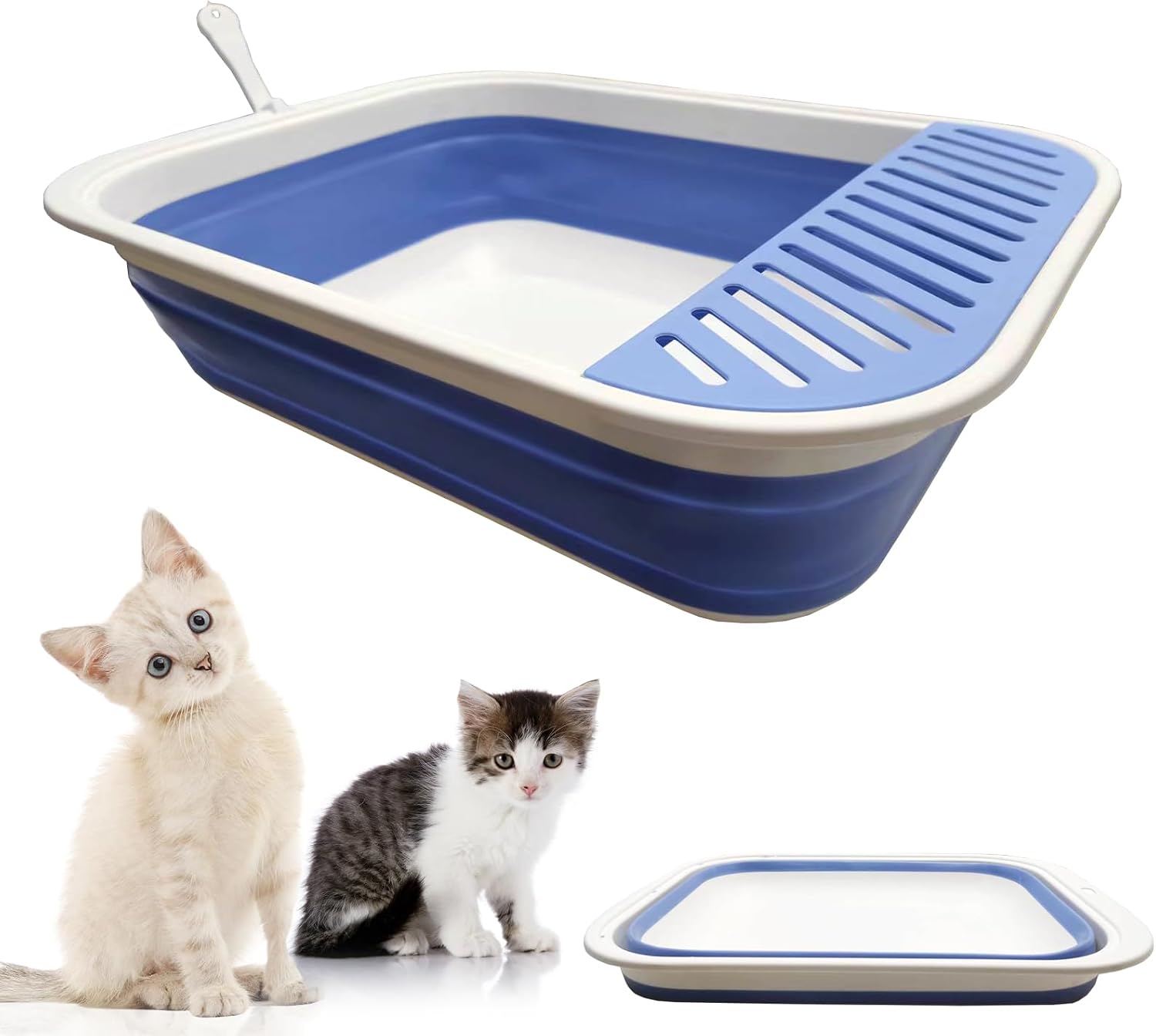 Collapsible Cat Litter Box With Scoop & Pedal - Foldable Travel Litter Pan, Low Entrance For Kittens, Blue