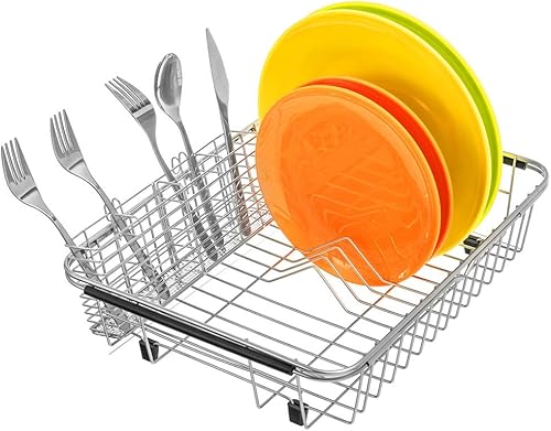 Miniatura 9 de SANNO Escurridor de platos con soporte para utensilios de acero inoxidable, escurridor grande, organizador de cubiertos de acero inoxidable