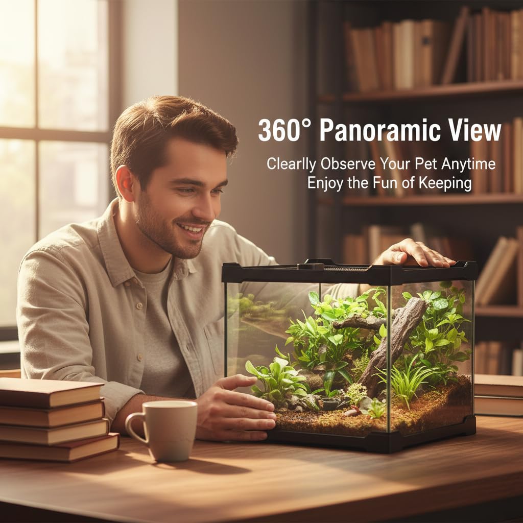 Terrarium Rettile - Scatola di alimentazione 20 x 20 x 17 cm, in vetro per rettili e piante con copertura di ventilazione