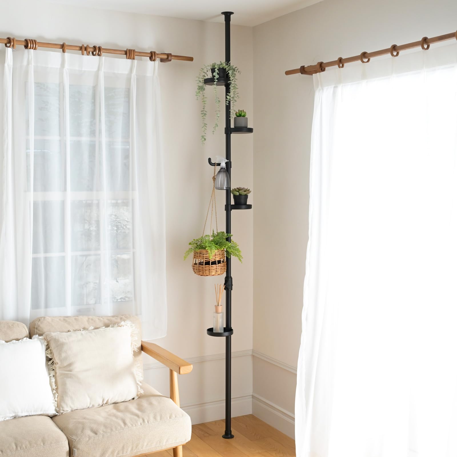 山善(YAMAZEN) 突っ張り ラック ポールハンガー プランタースタンド 設置簡単 (トレー4個・フック1個付き) ワンタッチ突っ張り (実用新案取得済) 幅30×奥行30×高さ190-260cm フラワースタンド ボタニカル 室内 組立品 マットブラック WJE-12RM(MBK)