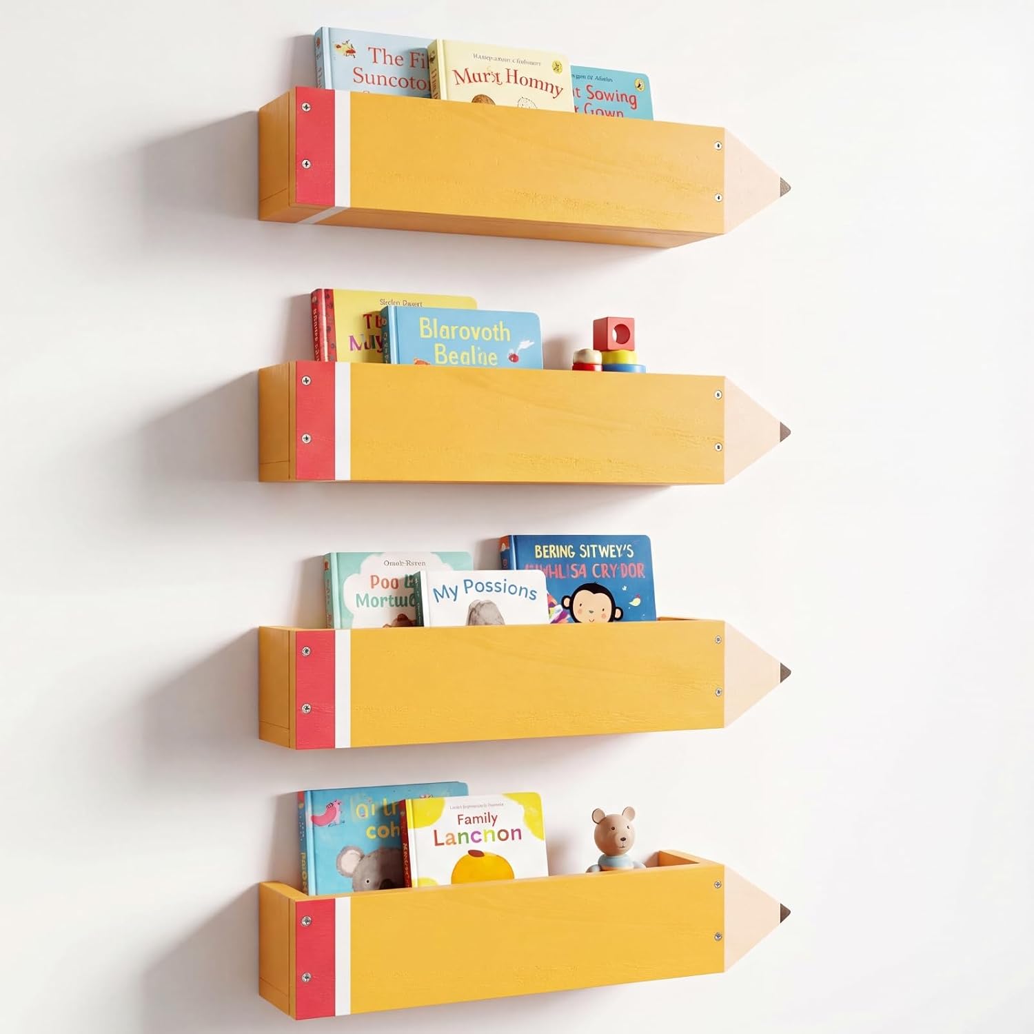 Unittype 4 Set Pencil Shaped Wall Bookshelf for Classroom Floating Book Shelves for Wall Wood Hanging Mounted Bookshelves for Classroom Bedroom Reading Corner Decor