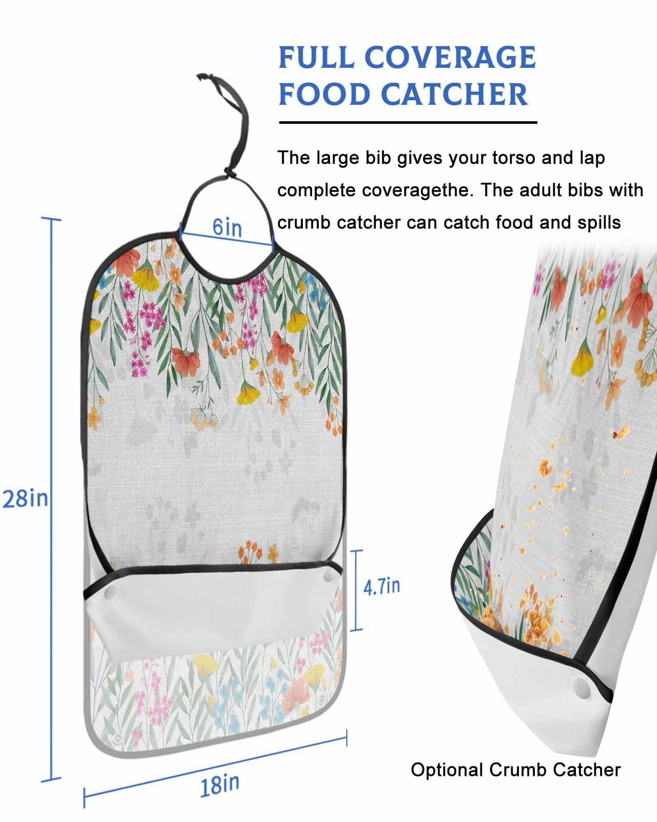 Onekaccu Fall Leaves Floral Adult Bibs for Elderly Women Men Washable Bibs for Eating, Farmhouse Autumn Flwer Botanical Plant Waterproof Clothing Protectors Adult Bibs with Crumb Catcher