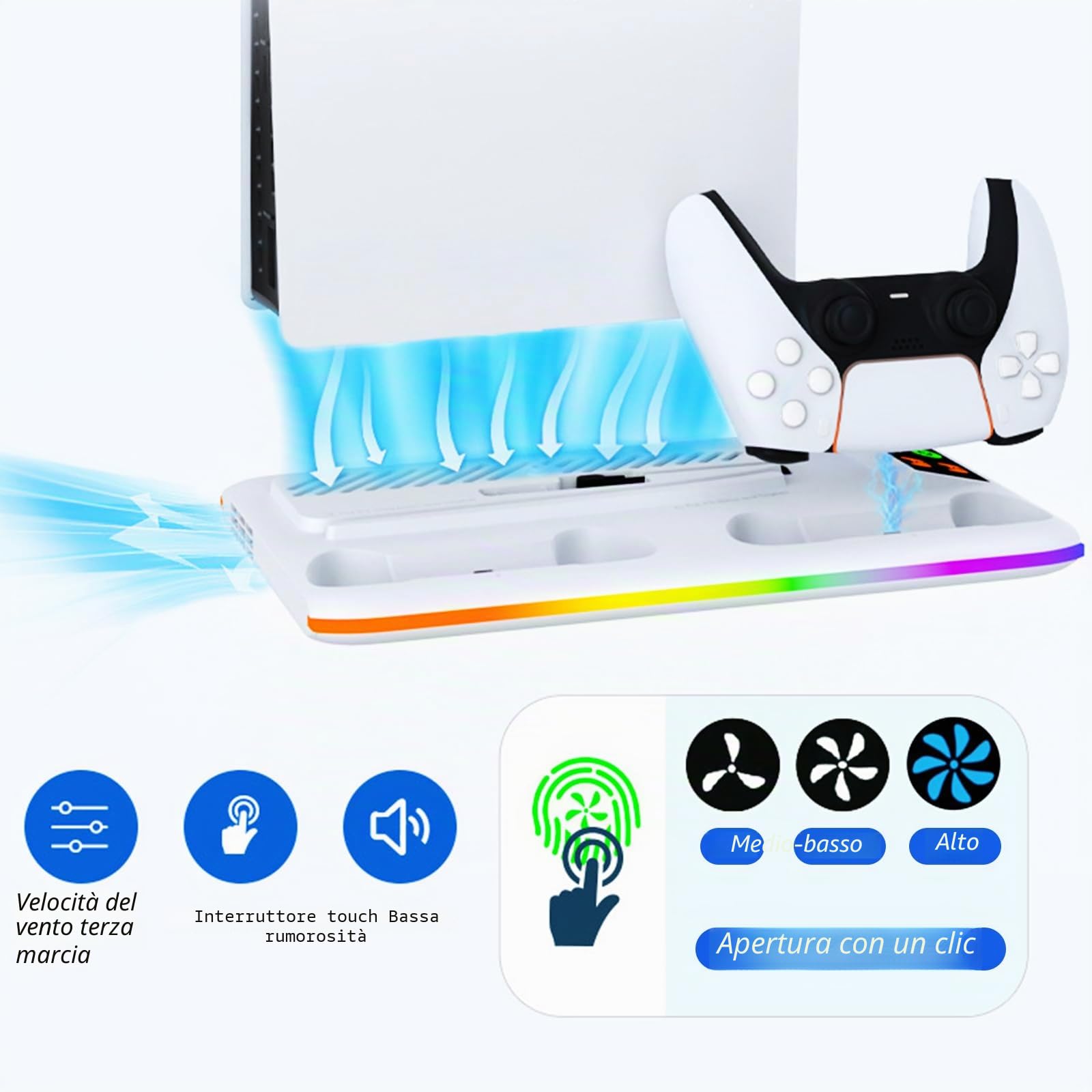Supporto Verticale per PS5/PS5 Slim, Supporto Raffreddamento per PlayStation 5 con 3 Livelli di Ventola, Stazione Ricarica per Controller Doppi / Supporto per Cuffie / Luce RGB per PS5/Digital Edition
