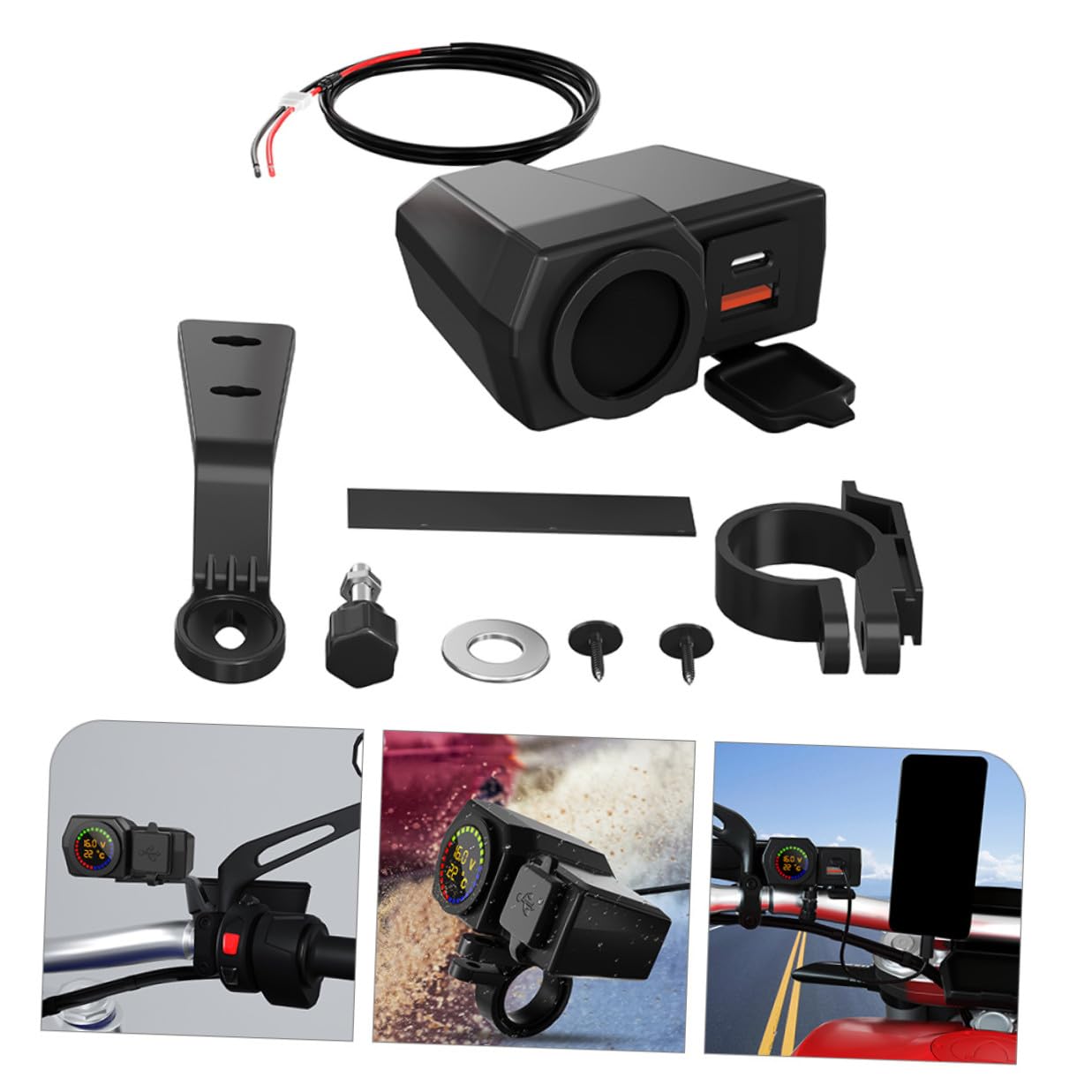 Motorrad Ladegerät mit USB und USB C-anschluss, Schwarz