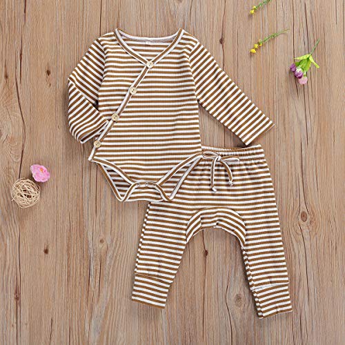 Image of Seyurigaoka Newborn Unisex Baby Pajamas, Organic Cotton Kimono Onesies+Striped Pants, Infant Baby Top Pants Set