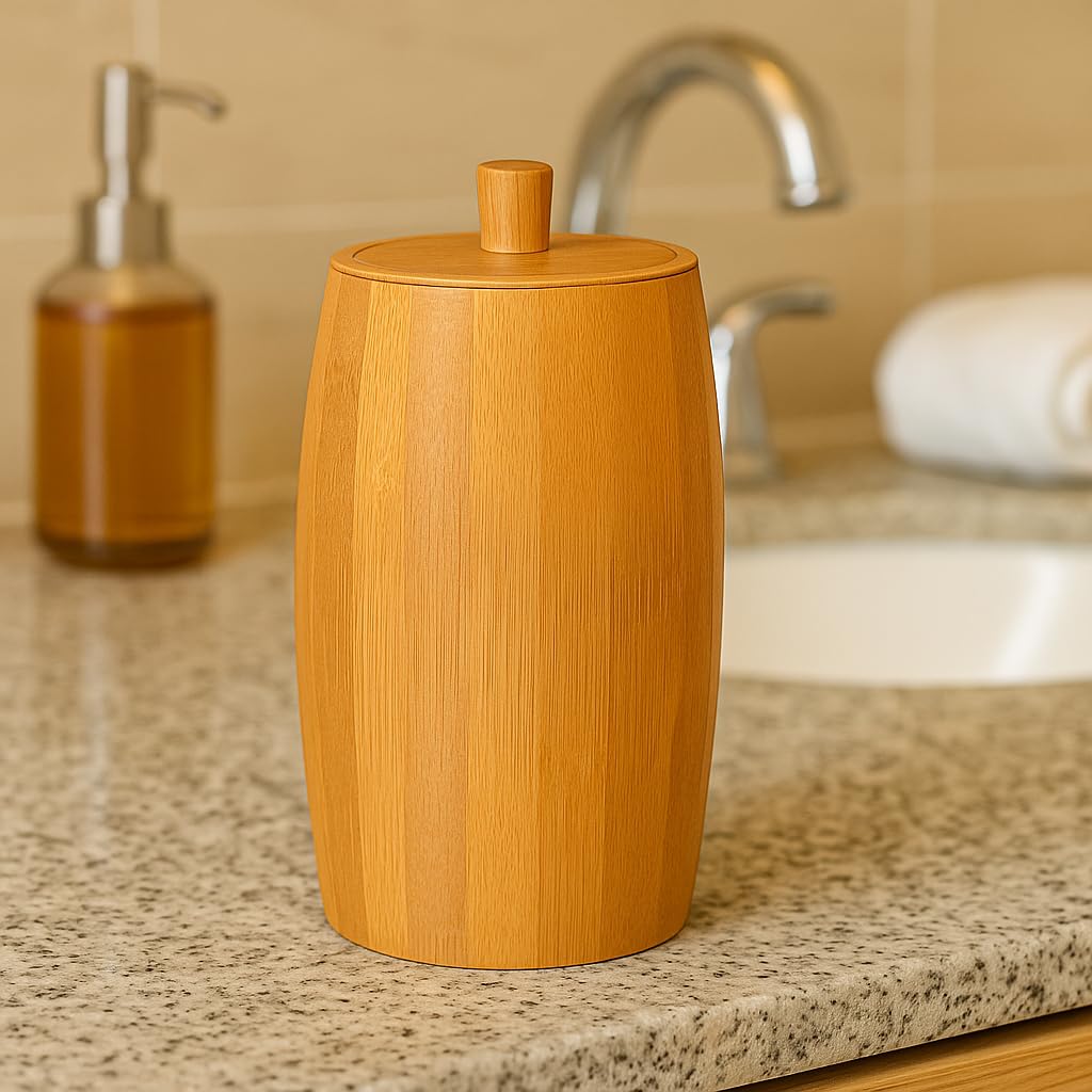 Natural Bamboo Cotton Swab Holder – Rustic Barrel-Shaped Storage Jar for Cotton Balls, Q-Tips & Bathroom Essentials – Eco-Friendly & Stylish Vanity Organizer
