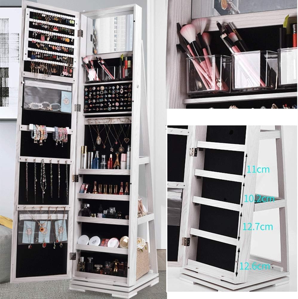 sogesfurniture Armoire à Bijoux sur Pied, Armoire de Rangement cosmétiques avec Miroir Plein Longueur et Étagères Arrières, Rangement Bijoux Verrouillable, Pivotante à 360°, Blanc