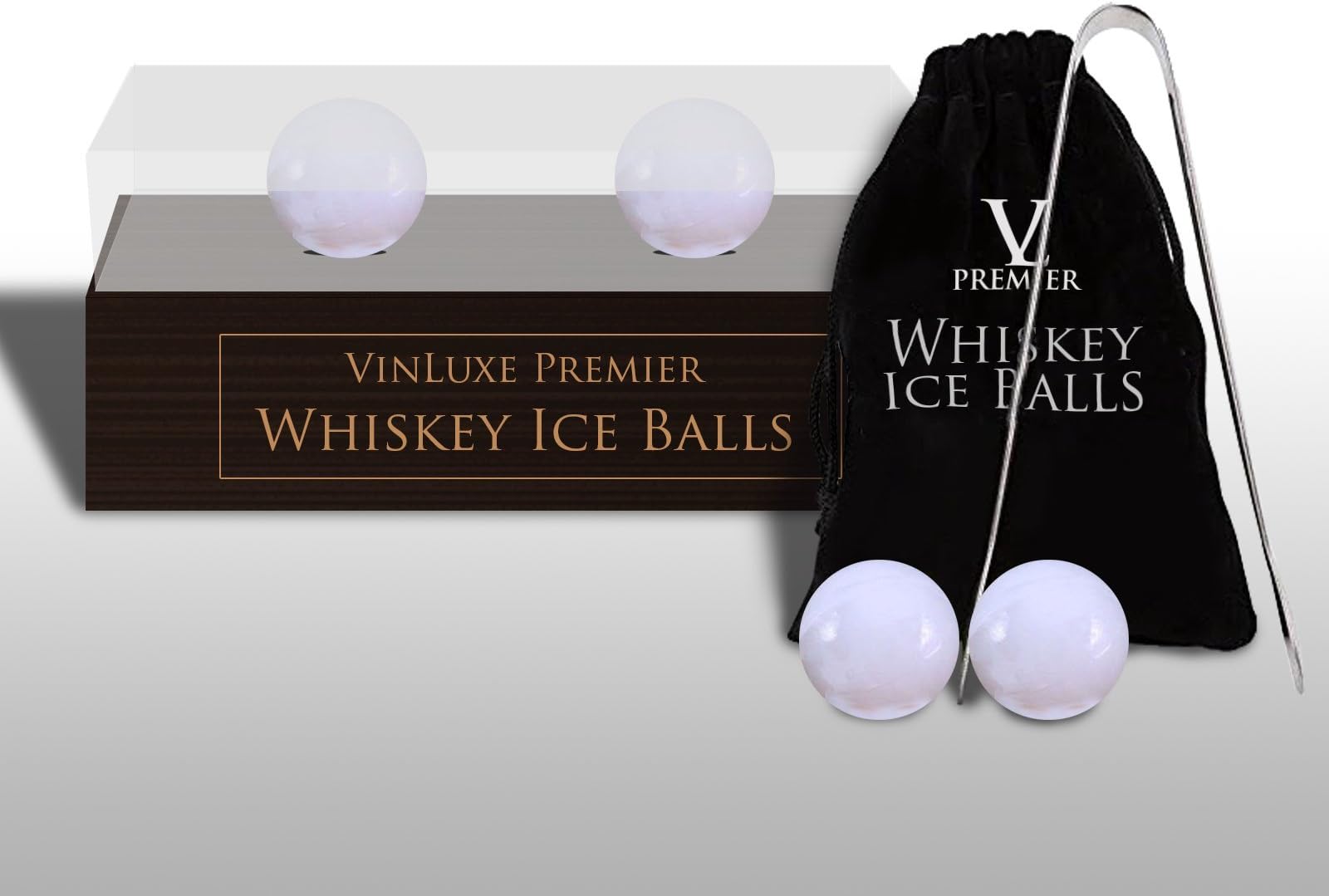 White 2 Ceramic Whiskey Chilling Rocks Balls Gift Set - 2 Ice Balls with Ice Tongs - Black Travel Pouch