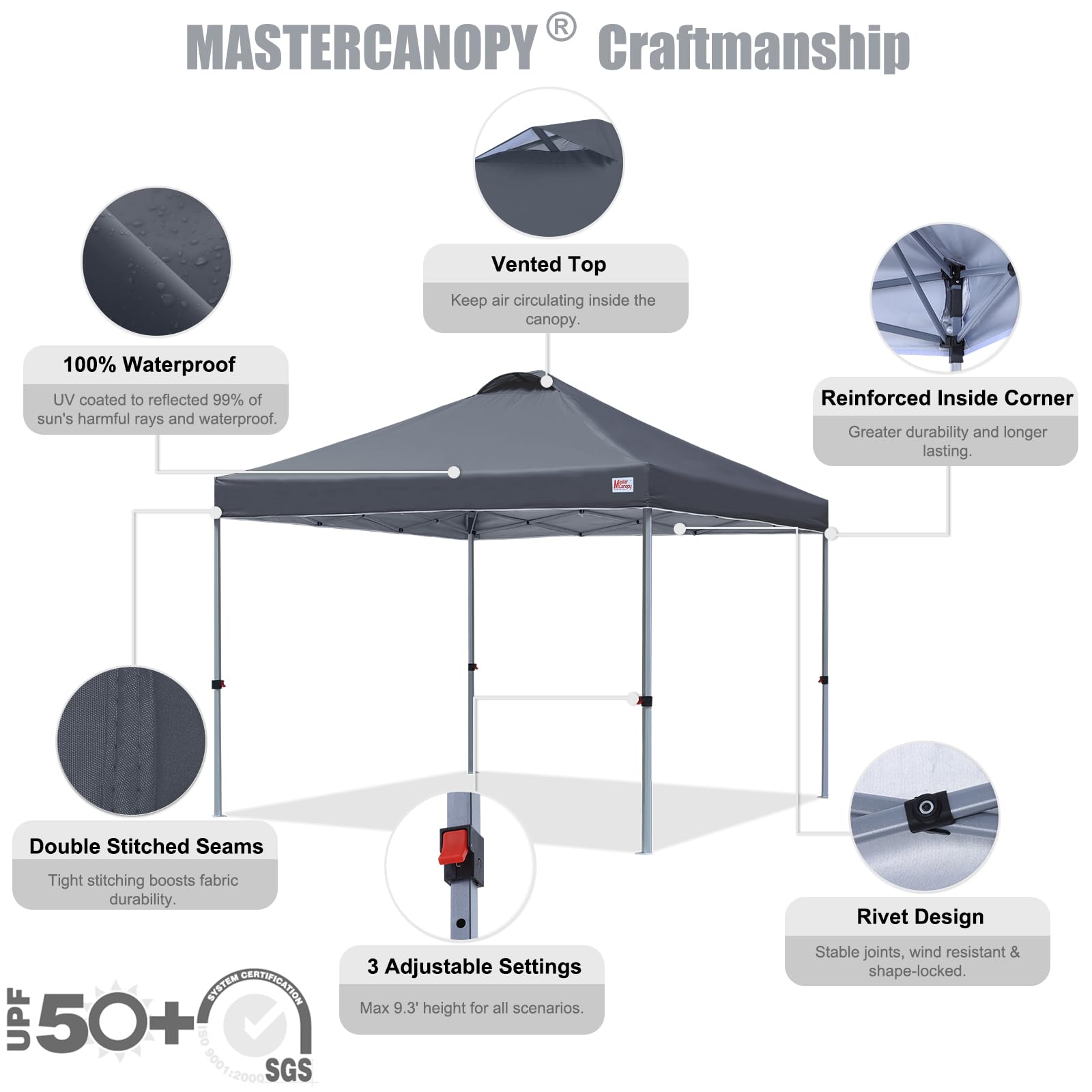MasterCanopy Pop-up-Pavillon 3x3 Schnellaufbau, 3-Fach höhenverstellbar, UPF50+, wasserabweisend, inkl. Rolltasche + 4 Sandsäcke, für Camping, Events, Garten, Darkgrau