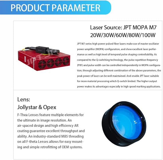 100W JPT M7 MOPA Fiber Laser Marking Machine Fiber Laser Engraver 300300mm with 80mm Rotary Axis and Heightened 800mm Tower Lightburn Compatible Class 1 Laser Output Power 0.39mW