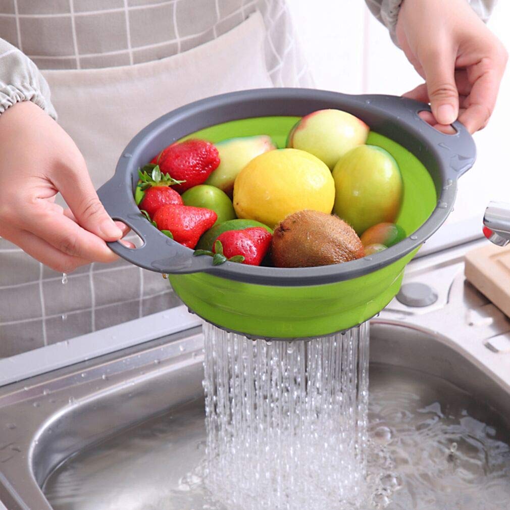 QiMH Juego de 3-2 coladores plegables de 4 cuartos y 1 colador de 6 cuartos de galón sobre el fregadero, base de plástico resistente de grado alimenticio, colador de alimentos plegable de silicona