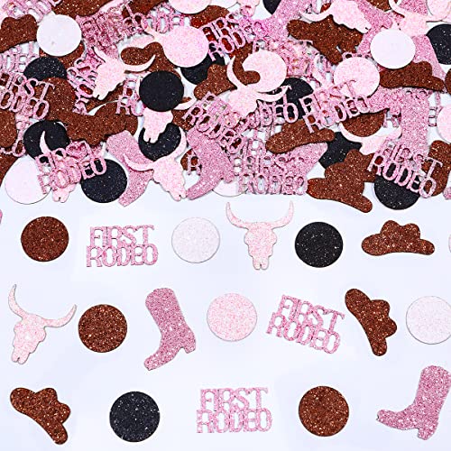 Image of Western Cowgirl 1st Birthday Decoration, First Rodeo Confetti 200PCS for Western Cowgirl 1st Birthday - Pink Brown First Rodeo Boots Cowboy Hat Cow Head Circle Dot for Western Rodeo Party Supplies