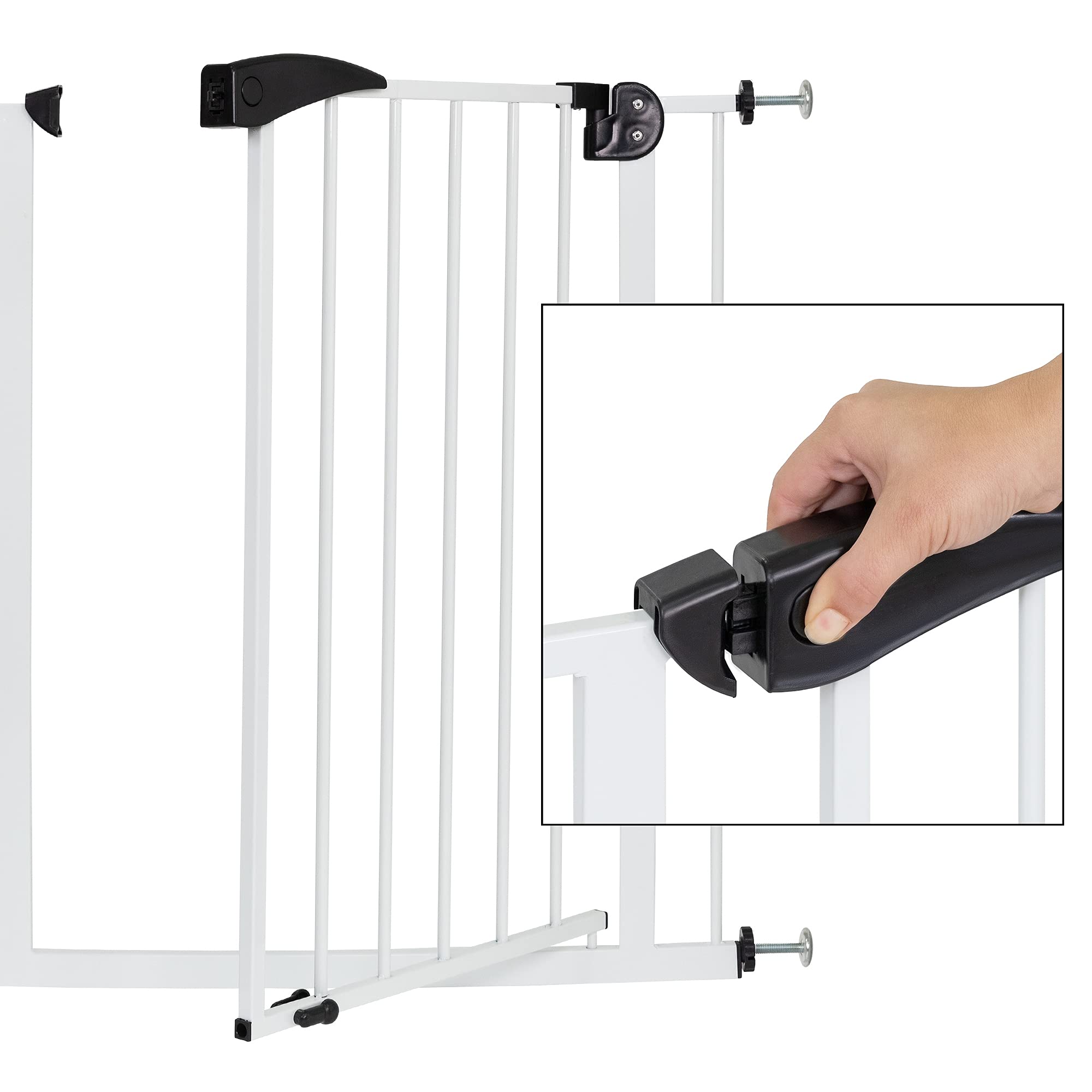 ECD Germany Barrera de Seguridad para Niños, Perros y Gatos 85-95 cm Incl. 10cm de Extensión Protector de Puerta Metálico Blanco Giratoria Ambos Lados Sistema de Cierre Automático para Escaleras