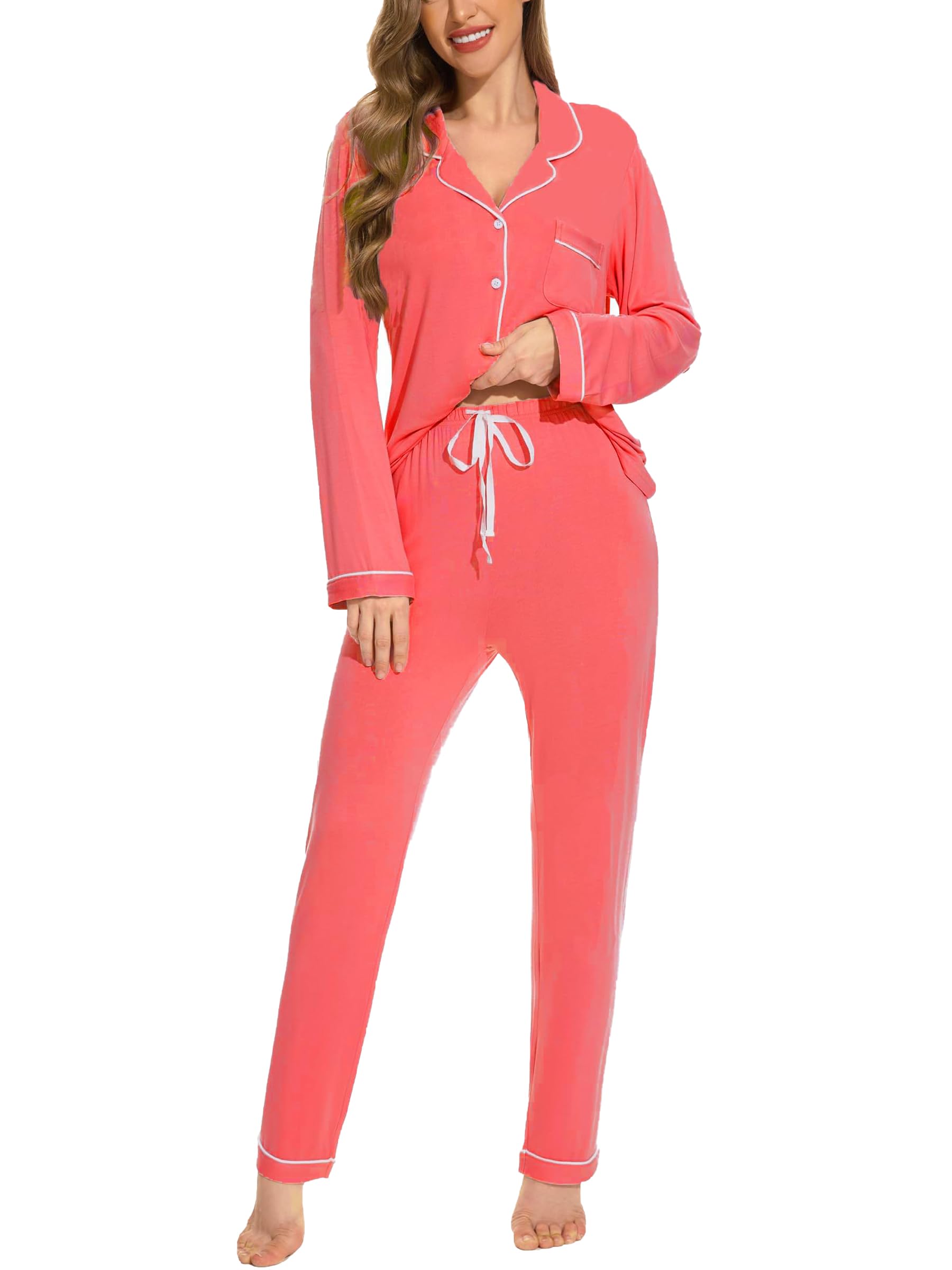 Button Up Pajamas for Women Long Sleeve Sleepwear Soft Loungewear Ladies Pjs Set XS-XXL