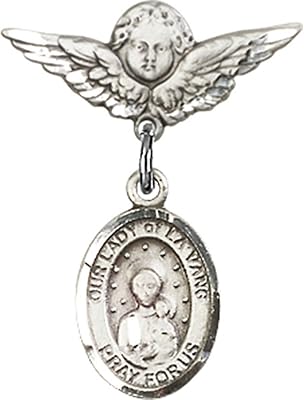 Sterling Silver Baby Badge with Our Lady of la Vang Charm and Angel w/Wings Badge Pin 7/8 X 3/4 inches